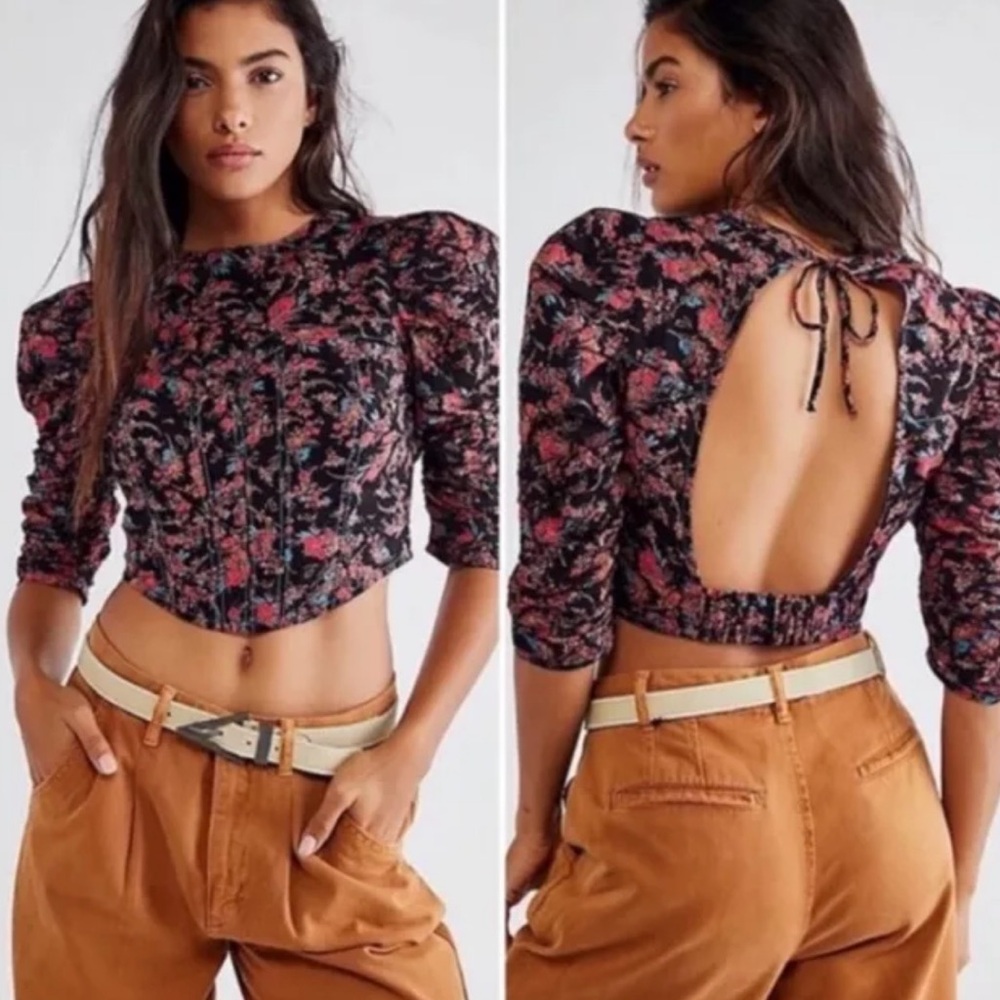 Free People Monica Top-Black Puffed Sleeves-Open Back-Sz Medium